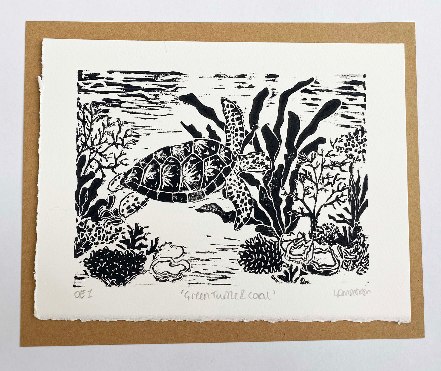 Green Turtle and Coral Print by LDMDesign