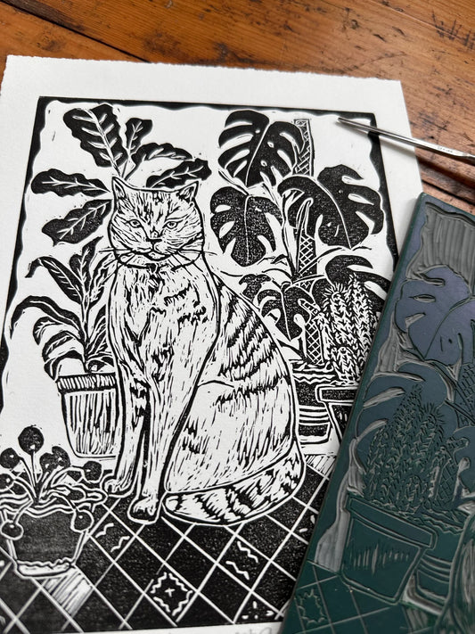 Monty Amongst Plants Lino Cut Print by LDMDesign