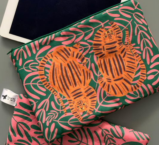 Tiger Print Zipped Padded Pouch for Ipad/Tech/Cosmetic by Jenna Lee Alldread