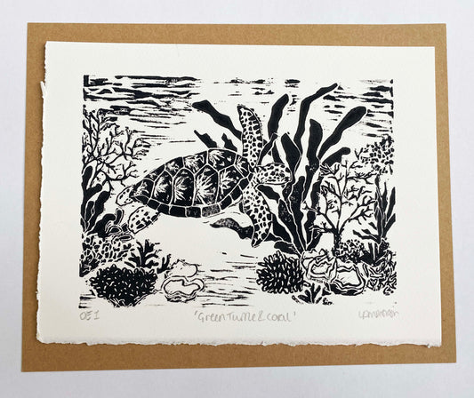 Green Turtle and Coral Print by LDMDesign