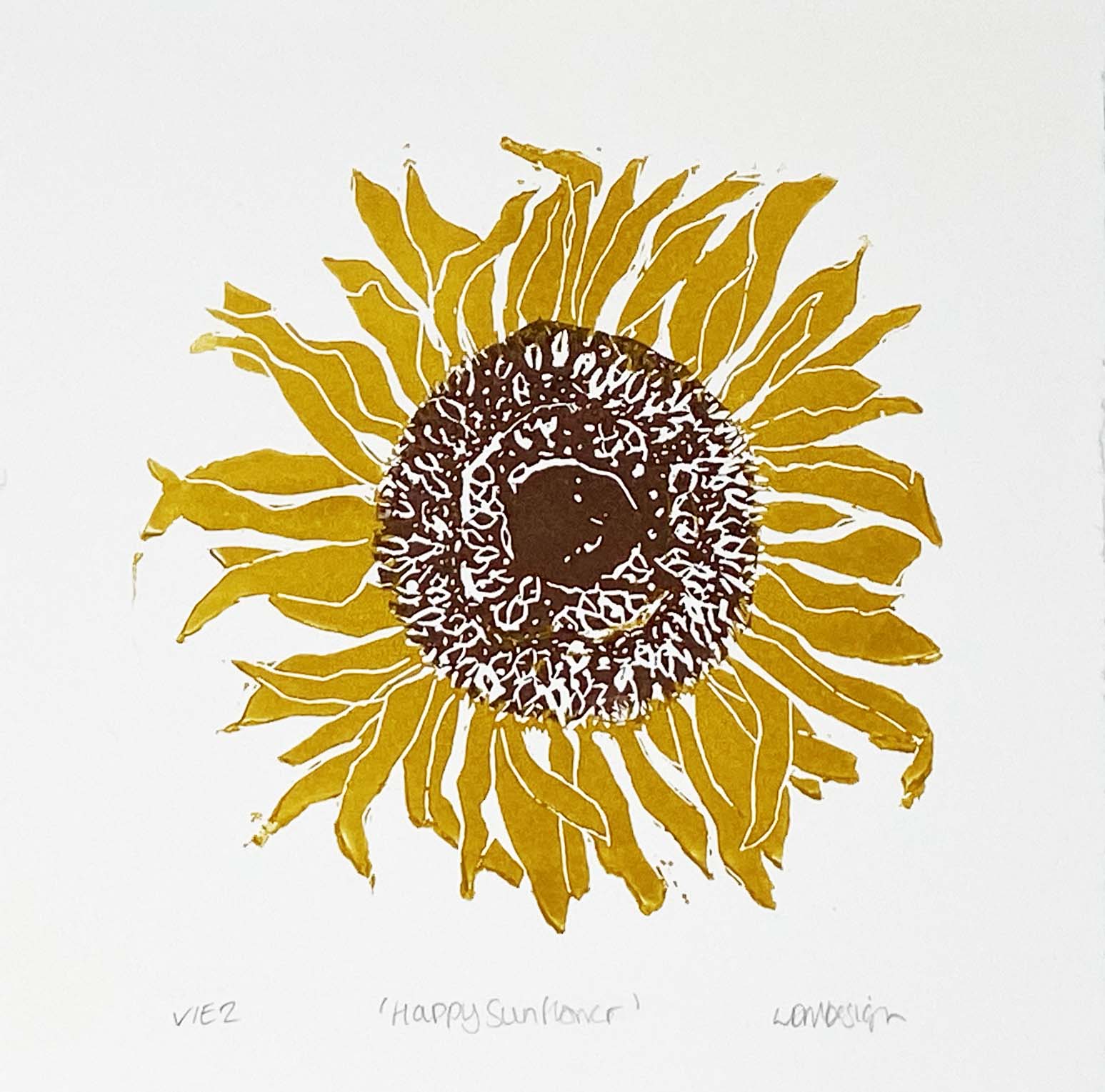 Limited edition retailer handmade Linocut print. Beehives and Sunflowers.