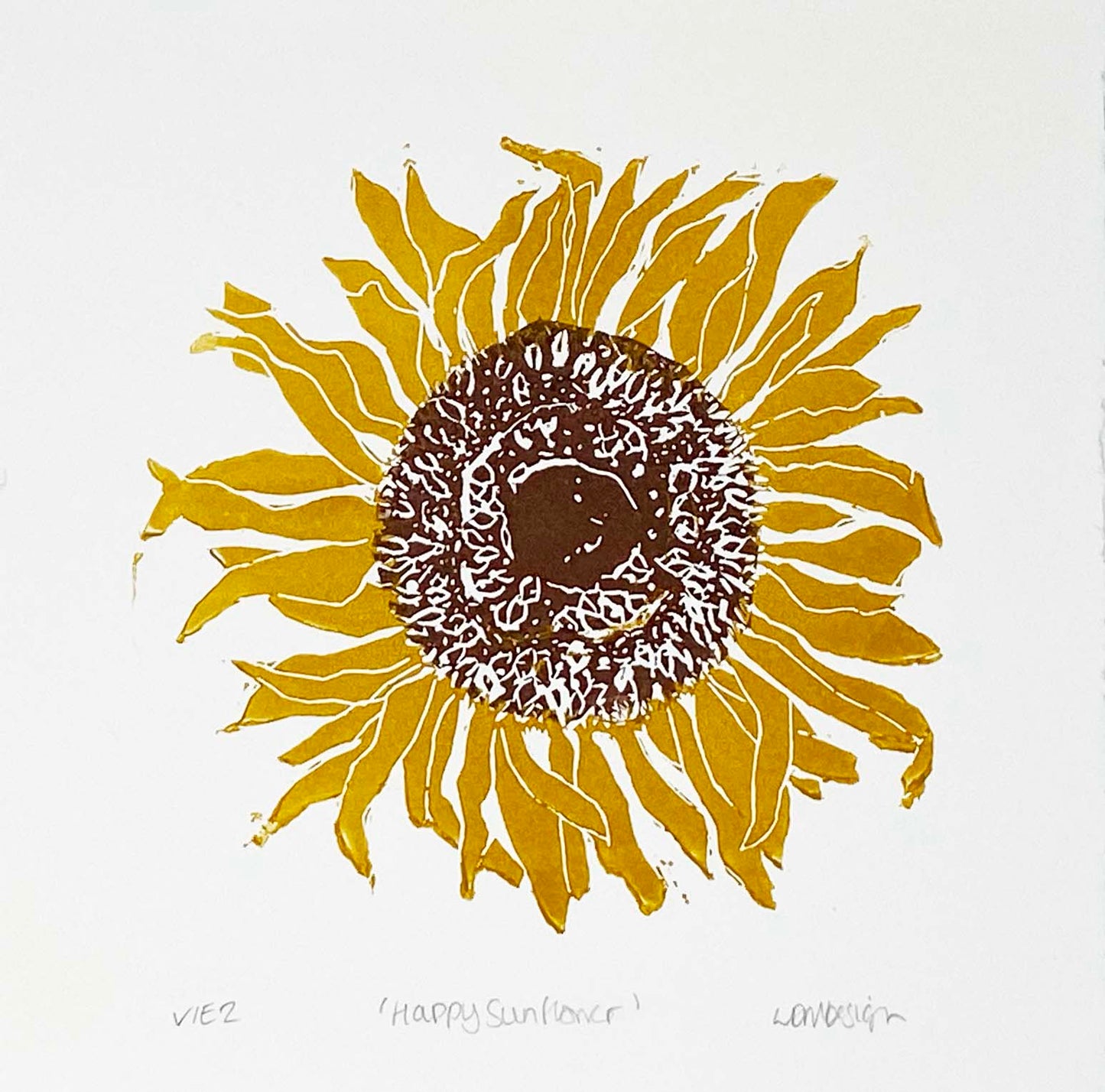 Original Happy Sunflower Lino Cut Print by LDMDesign